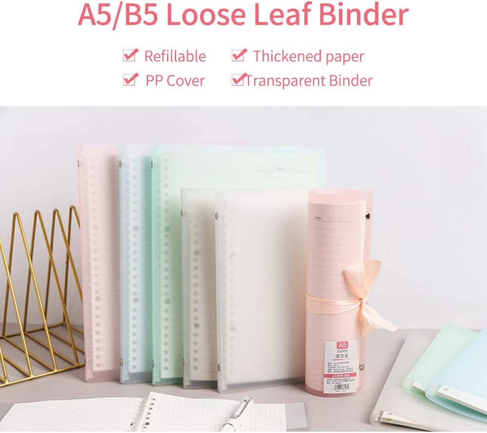 Transparent A5 Refillable Notebook 20 Rings/Holes Loose Leaf Binder Flexible Waterproof PP Cover 30 Sheets Ruled Lined Paper Refillable Binder for Office Home School Students Supplies