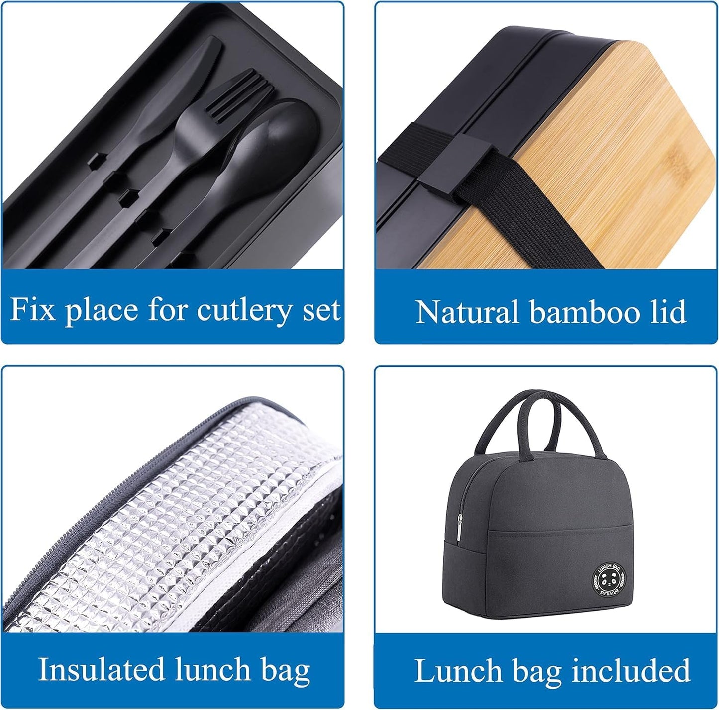 Japanese Bento Box with Bamboo Lid, Stackable Compartments, Food-Grade PP, Includes Insulated Bag for Office & Travel