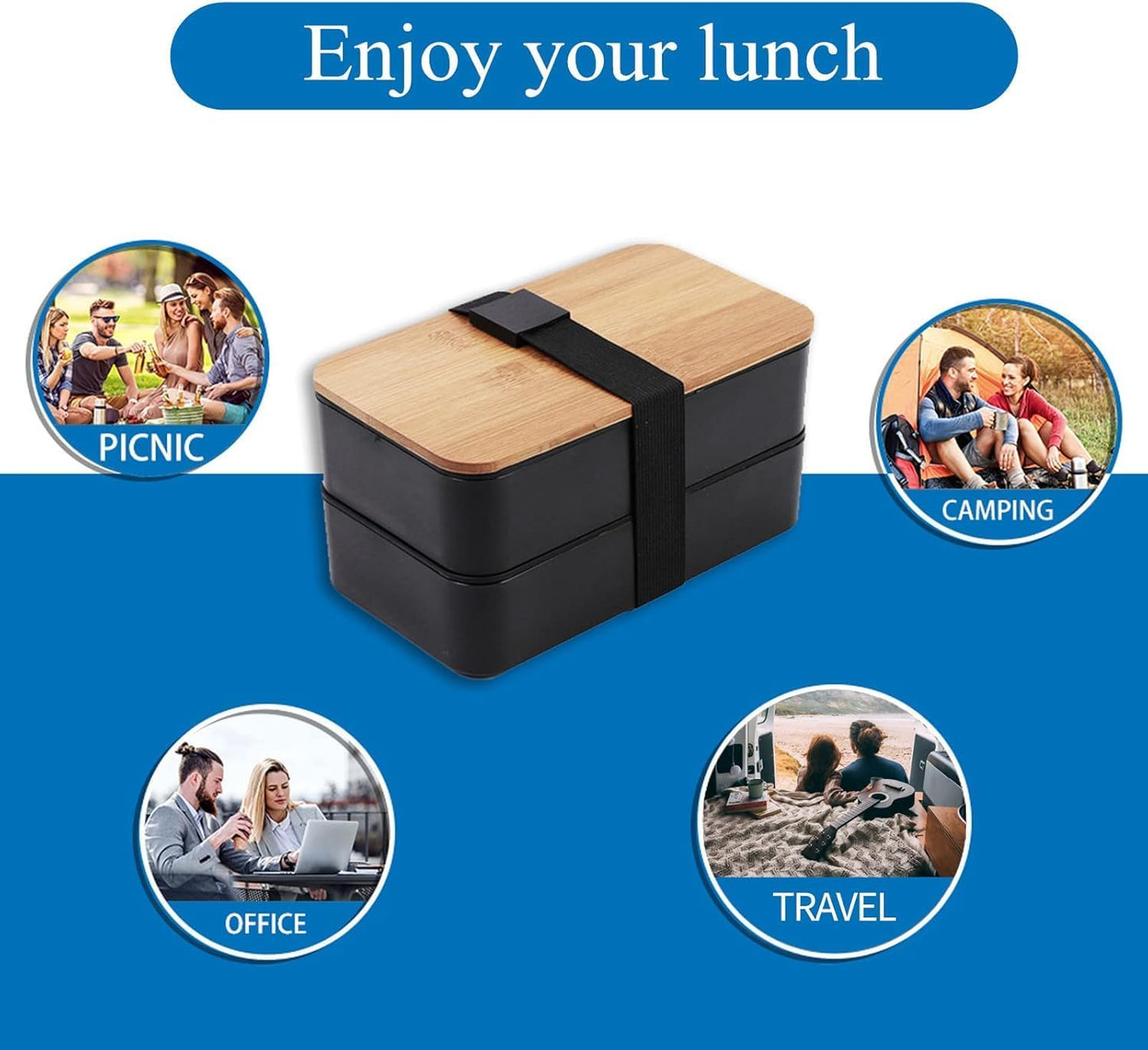 Japanese Bento Box with Bamboo Lid, Stackable Compartments, Food-Grade PP, Includes Insulated Bag for Office & Travel