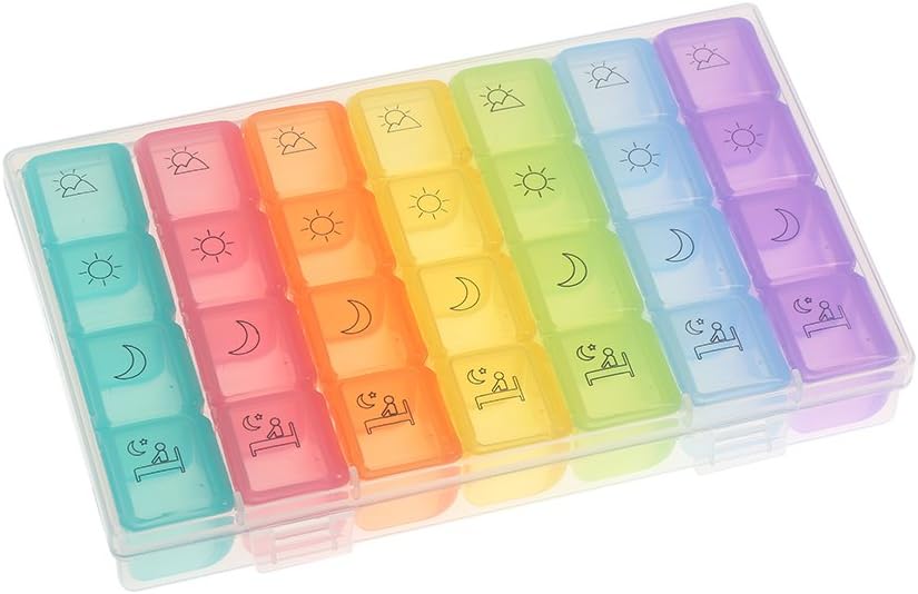7-Day Portable Organizer with 28 Compartments for Morning, Noon, Afternoon, Night Medication Storage