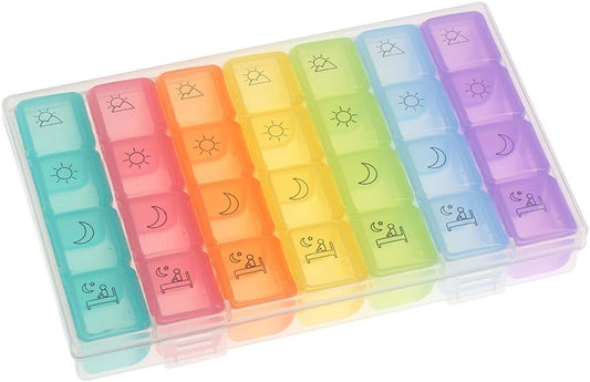 7-Day Portable Organizer with 28 Compartments for Morning, Noon, Afternoon, Night Medication Storage