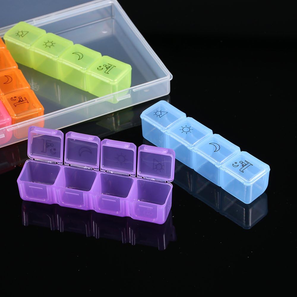 7-Day Portable Organizer with 28 Compartments for Morning, Noon, Afternoon, Night Medication Storage