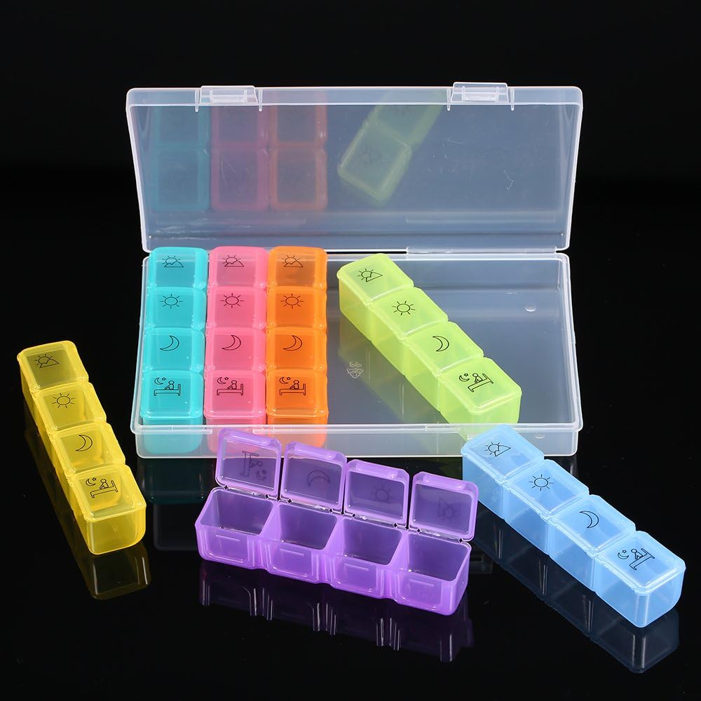 7-Day Portable Organizer with 28 Compartments for Morning, Noon, Afternoon, Night Medication Storage