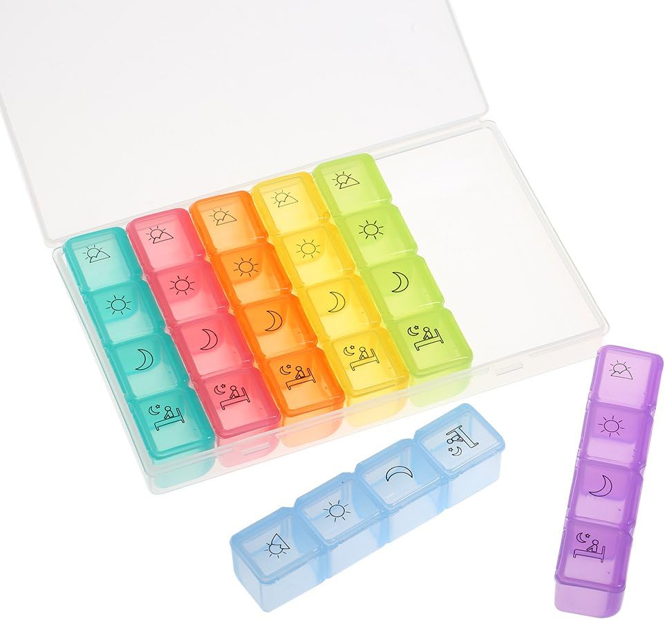 7-Day Portable Organizer with 28 Compartments for Morning, Noon, Afternoon, Night Medication Storage