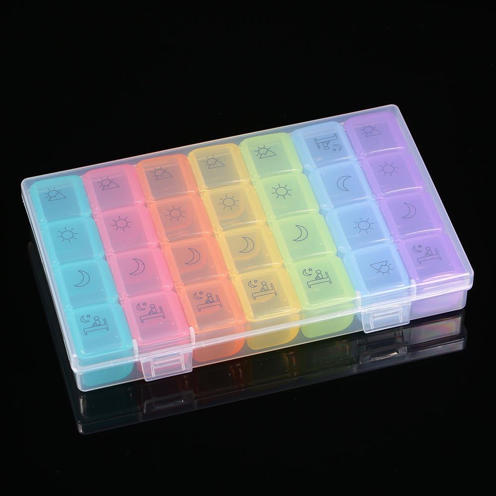 7-Day Portable Organizer with 28 Compartments for Morning, Noon, Afternoon, Night Medication Storage