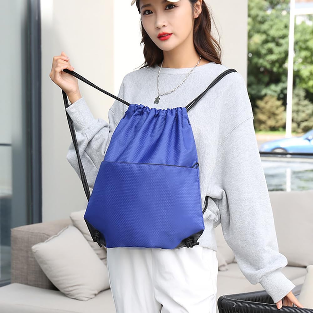 Drawstring Backpack Bag Waterproof Oxford Cloth Draw String Back Sack with Zip Pocket for Sports Traveling Outdoor