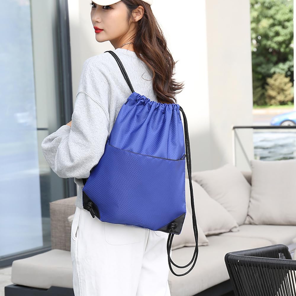 Drawstring Backpack Bag Waterproof Oxford Cloth Draw String Back Sack with Zip Pocket for Sports Traveling Outdoor