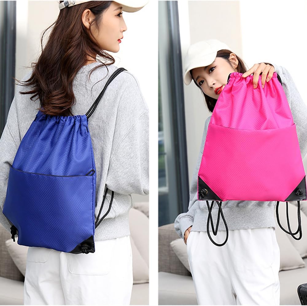 Drawstring Backpack Bag Waterproof Oxford Cloth Draw String Back Sack with Zip Pocket for Sports Traveling Outdoor
