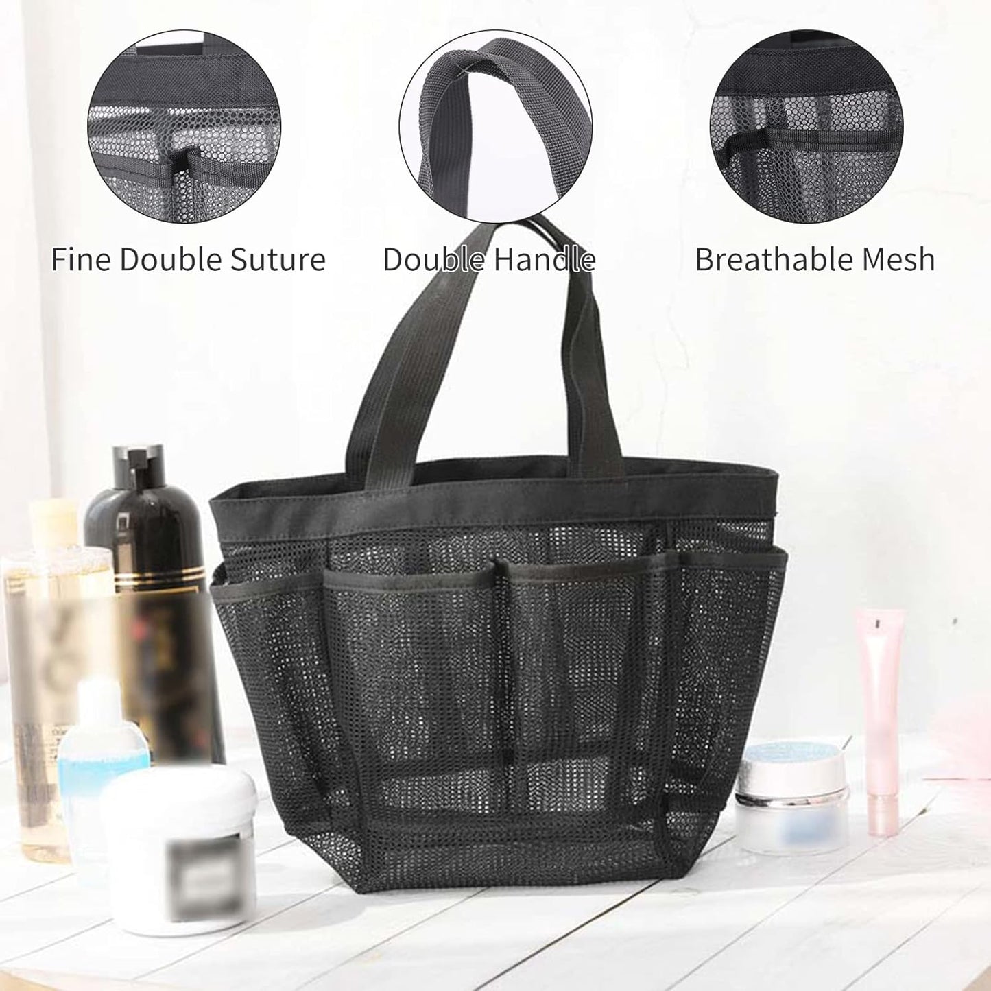 Quick Dry Mesh Tote Bag with 7 Pockets, Hanging Bath Organizer for College Dorm, Gym, and Travel