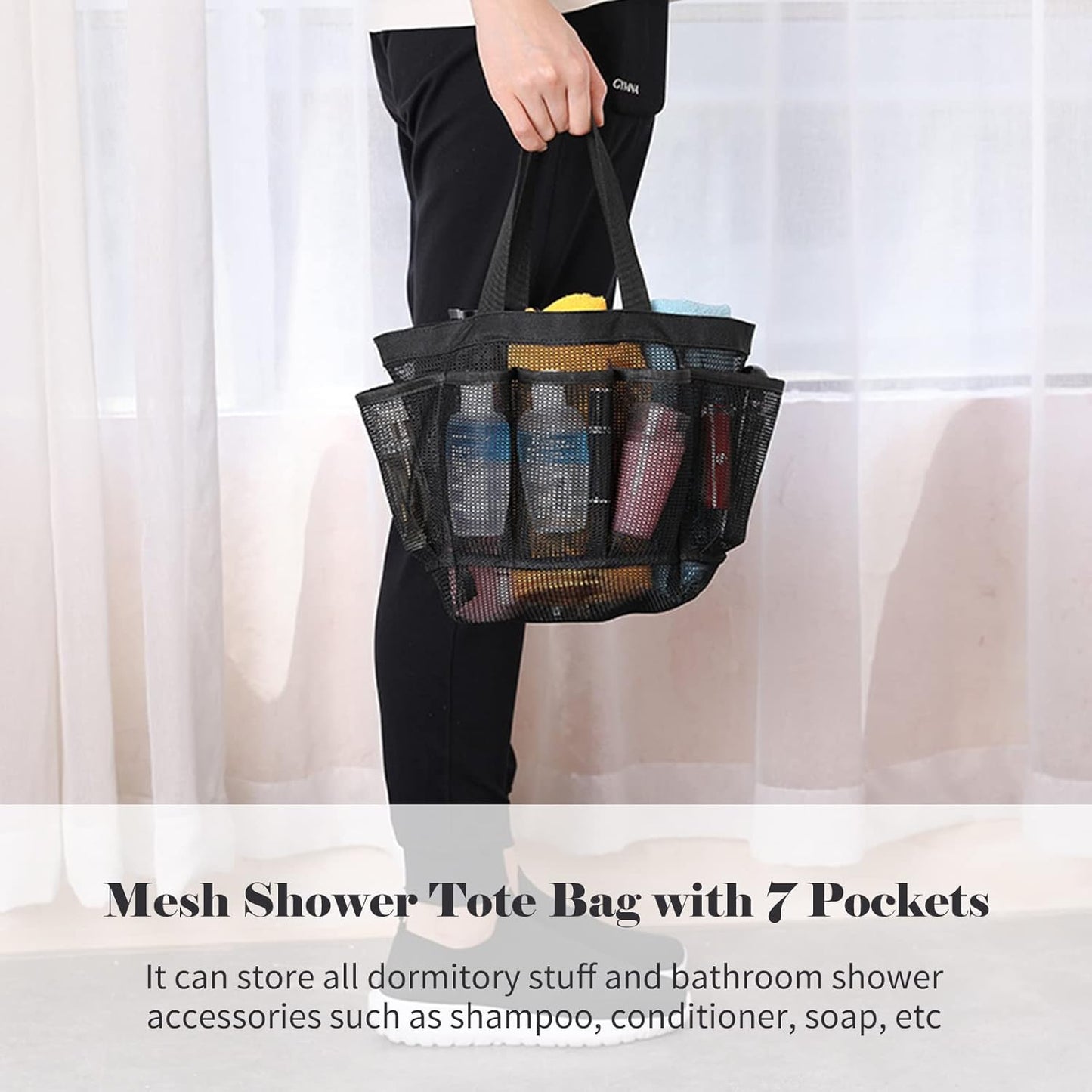 Quick Dry Mesh Tote Bag with 7 Pockets, Hanging Bath Organizer for College Dorm, Gym, and Travel