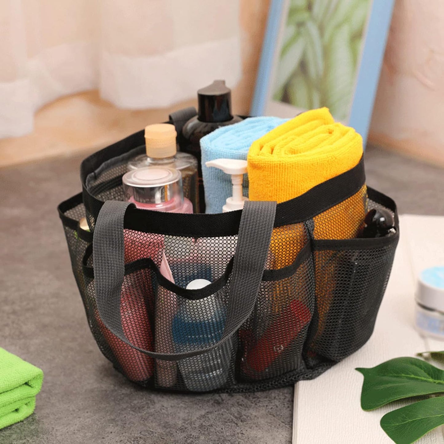 Quick Dry Mesh Tote Bag with 7 Pockets, Hanging Bath Organizer for College Dorm, Gym, and Travel