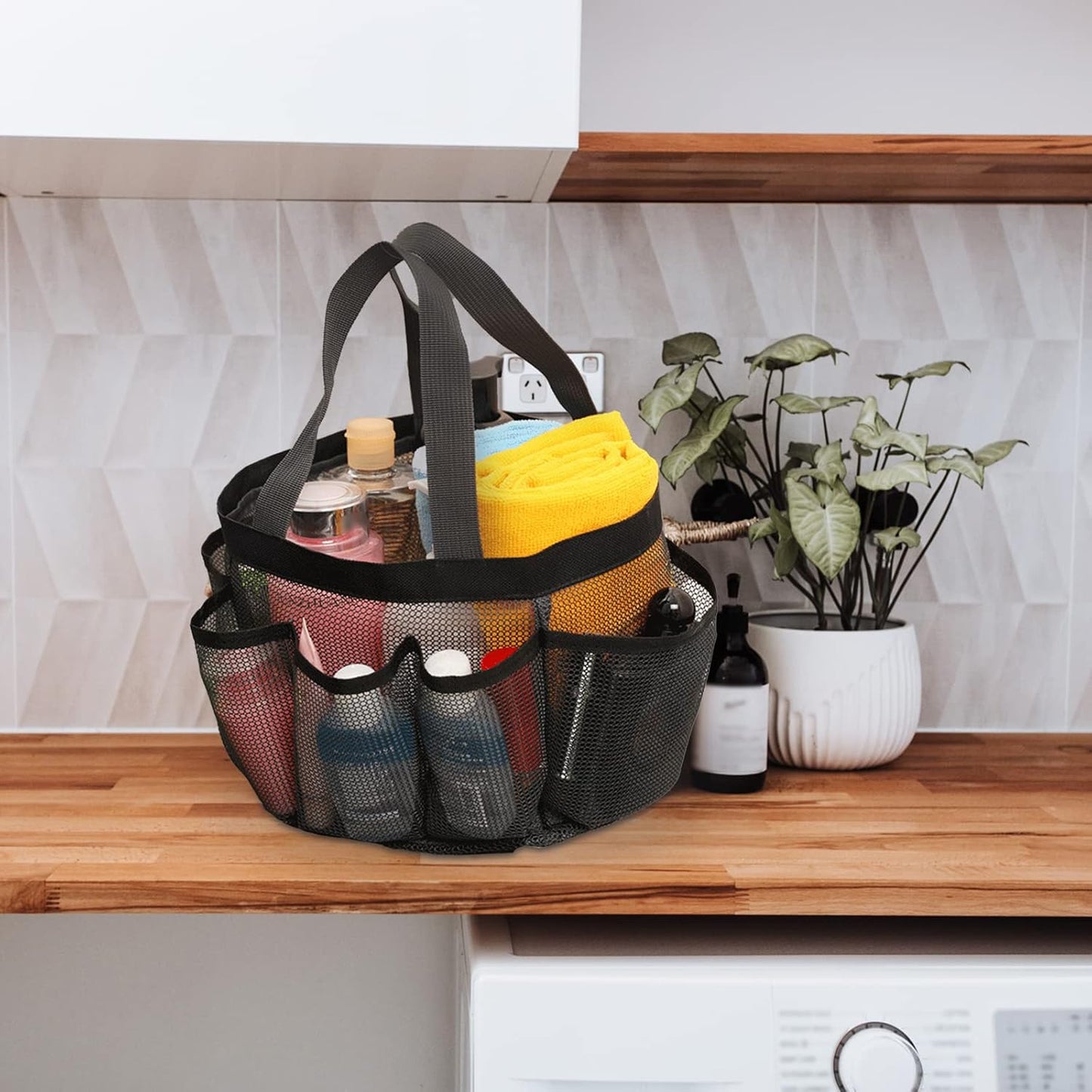 Quick Dry Mesh Tote Bag with 7 Pockets, Hanging Bath Organizer for College Dorm, Gym, and Travel