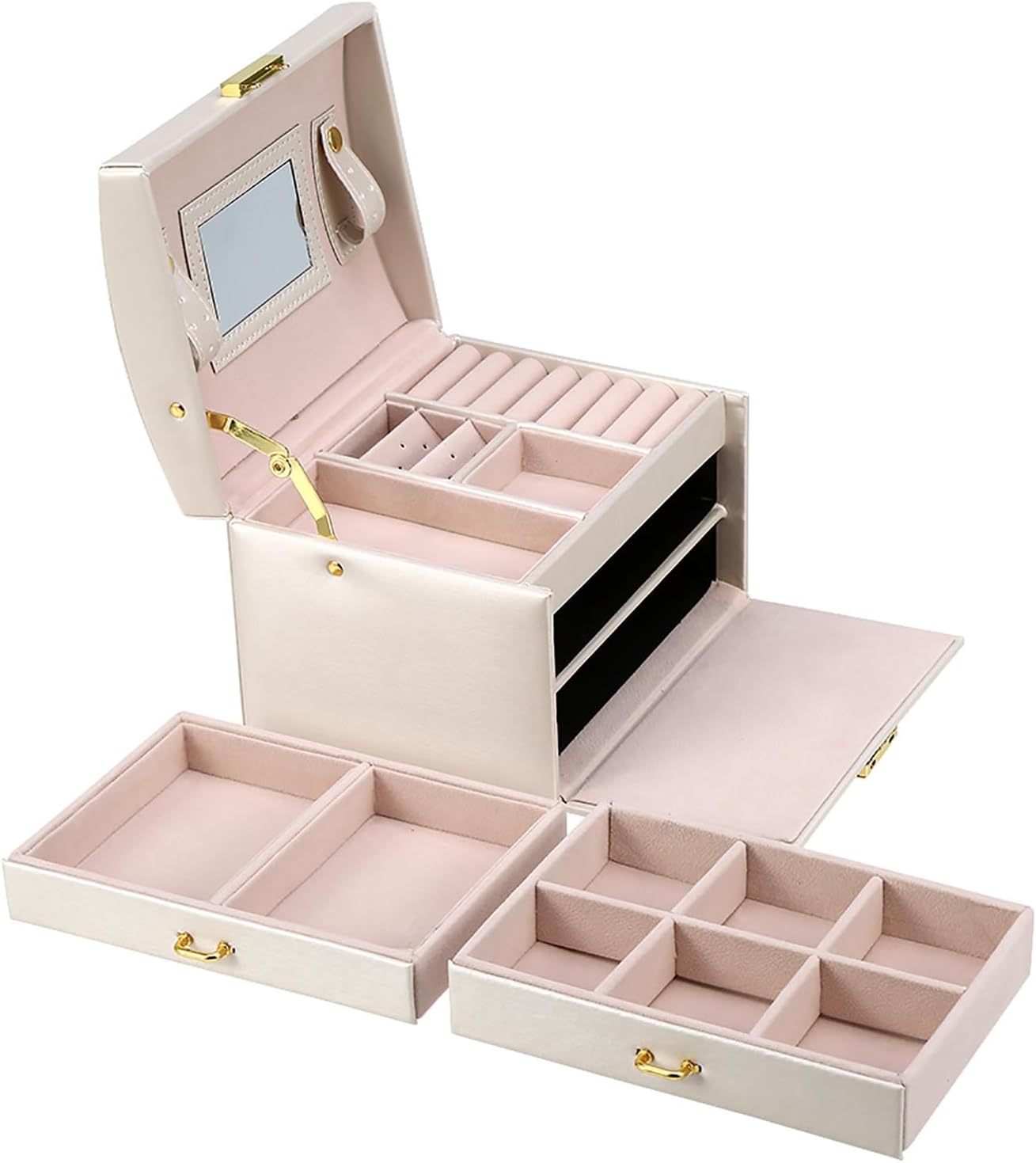 Three-Layer Jewelry Organizer Box with PU Handle, Lockable Display Case for Earrings, Necklaces, Rings – White