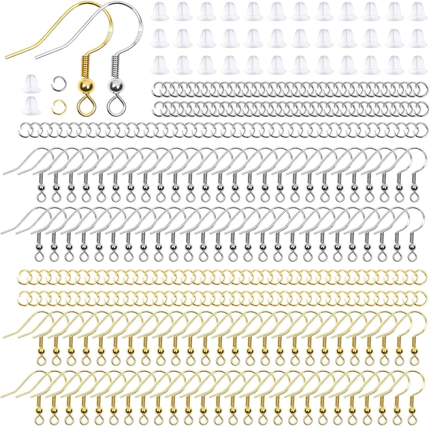 Hypoallergenic Earring Hooks, 600Pcs Earring Making Kit with Earring Hooks, Jump Rings and Clear Rubber Earring Backs for DIY Jewelry Making