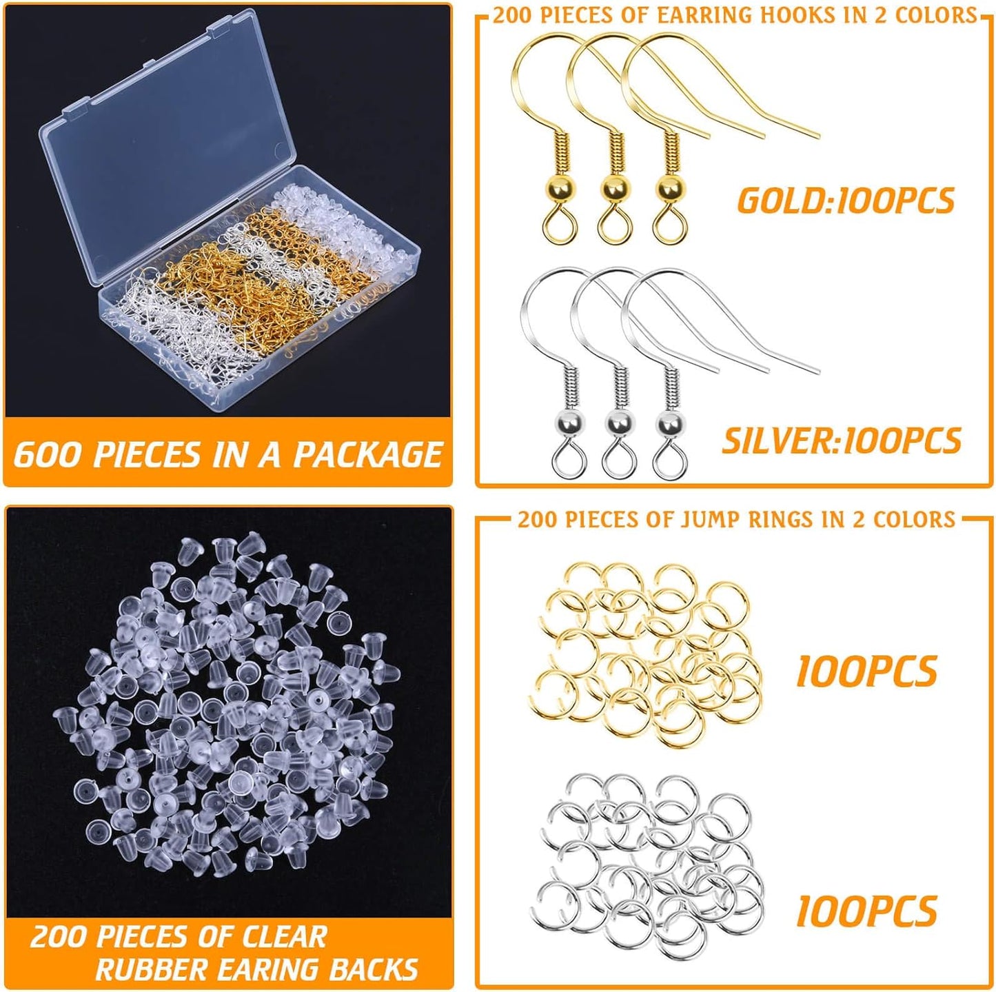 Hypoallergenic Earring Hooks, 600Pcs Earring Making Kit with Earring Hooks, Jump Rings and Clear Rubber Earring Backs for DIY Jewelry Making