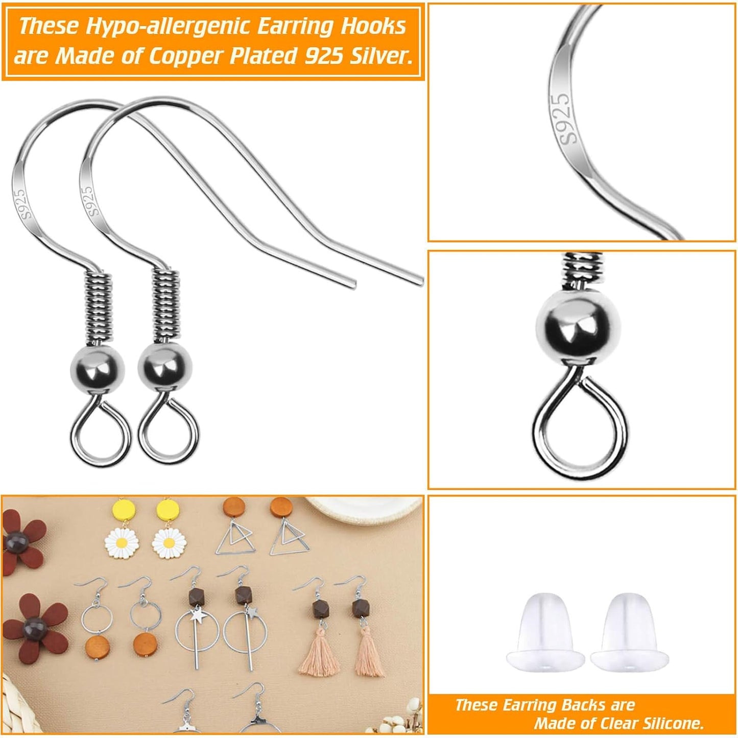 Hypoallergenic Earring Hooks, 600Pcs Earring Making Kit with Earring Hooks, Jump Rings and Clear Rubber Earring Backs for DIY Jewelry Making