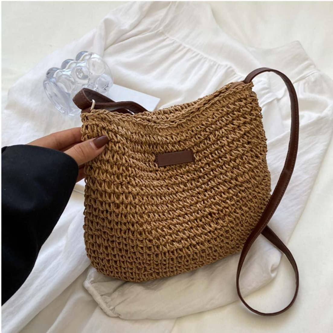 Straw Beach Bag, Summer Straw Bag Female Fashion Braided Single Shoulder Crossbody Bag All-Match Beach Bag