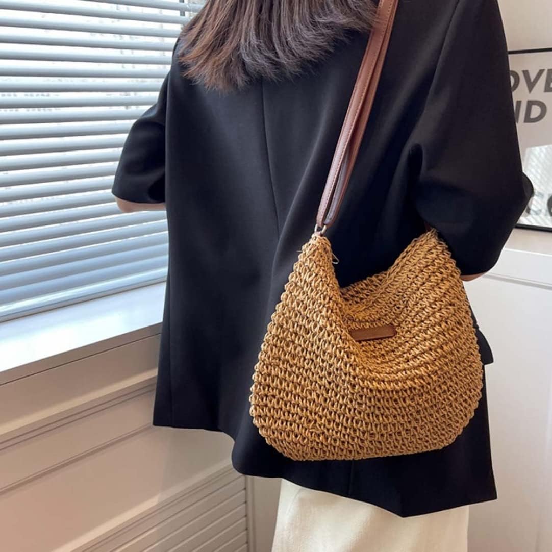 Straw Beach Bag, Summer Straw Bag Female Fashion Braided Single Shoulder Crossbody Bag All-Match Beach Bag
