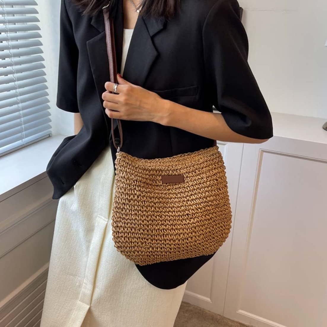 Straw Beach Bag, Summer Straw Bag Female Fashion Braided Single Shoulder Crossbody Bag All-Match Beach Bag