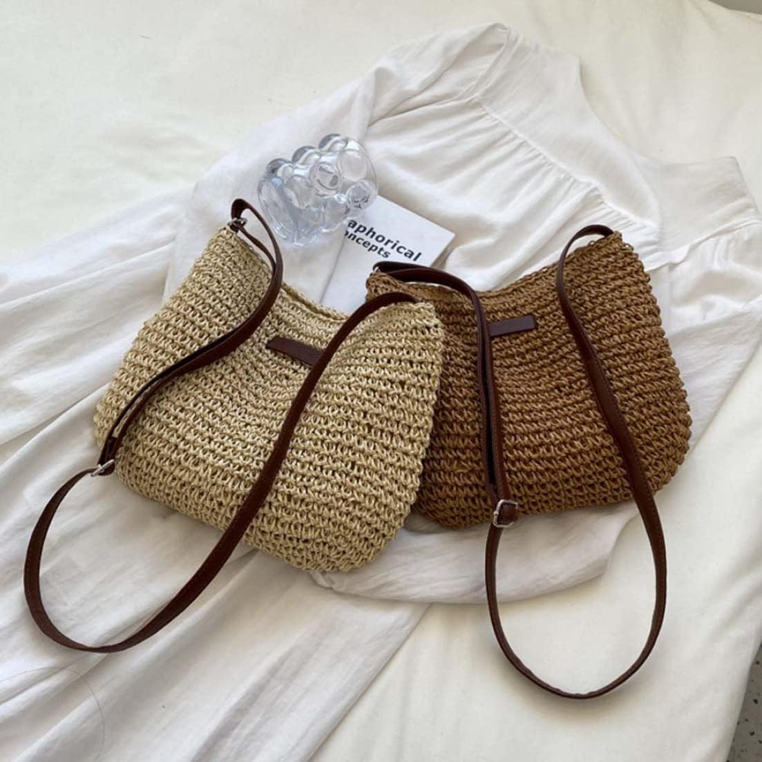 Straw Beach Bag, Summer Straw Bag Female Fashion Braided Single Shoulder Crossbody Bag All-Match Beach Bag