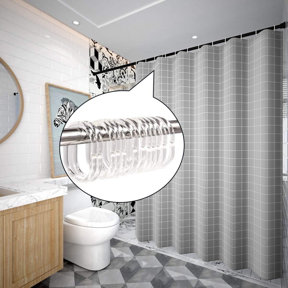 24 pcs Shower Curtain Rings Plastic Curtain C Rings Hook Hanger Bath Drape Loop Clip Glide Bathroom Shower Window Rod (Clear)