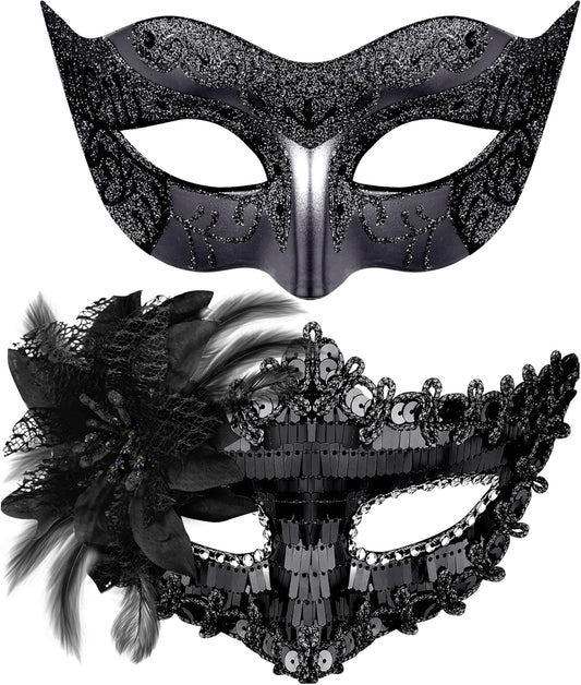 Couple Masquerade Masks Sequins Venetian Party Mask Plastic Costume Mask Rhinestone Mardi Gras Mask for Couples, Black