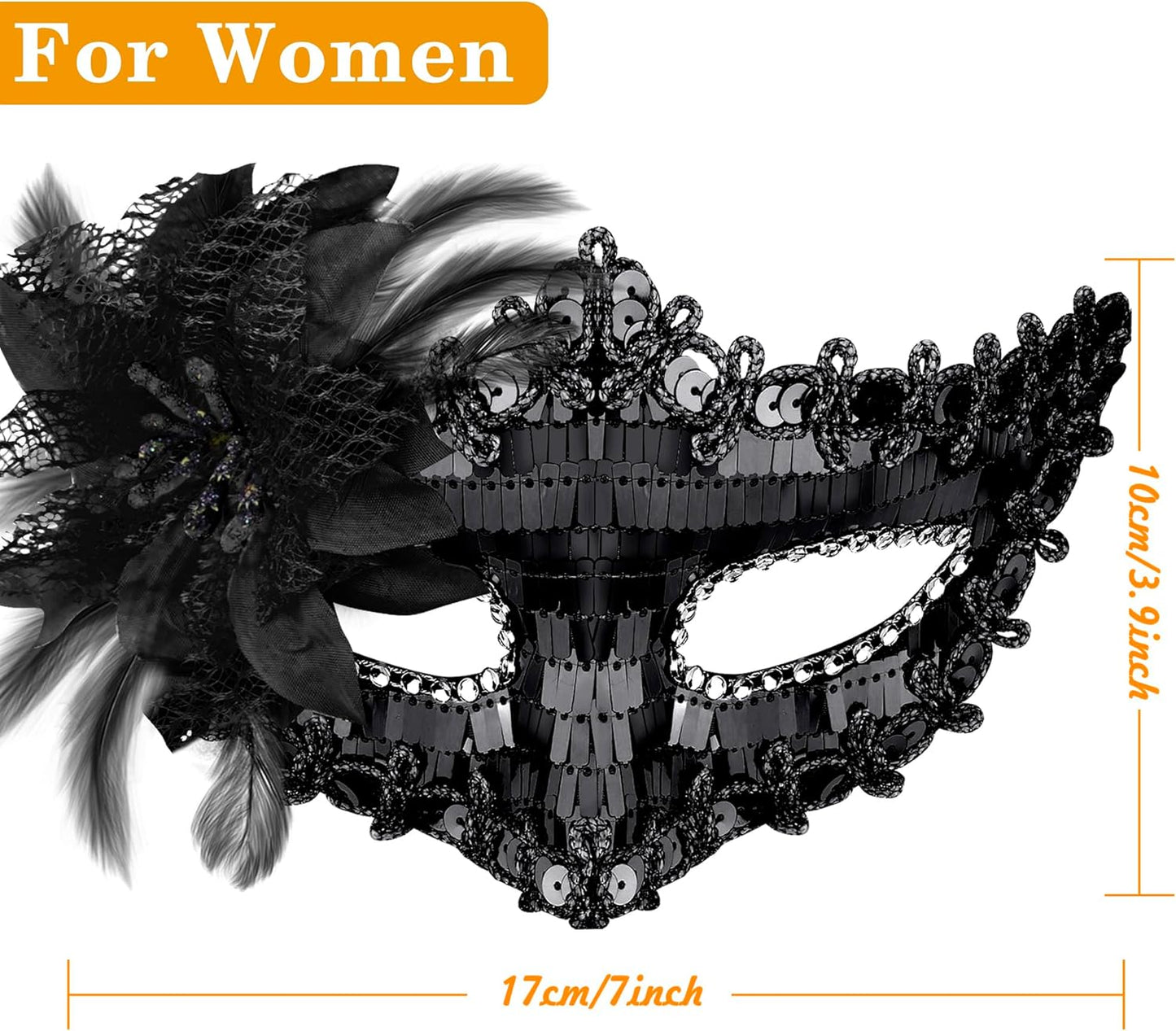 Couple Masquerade Masks Sequins Venetian Party Mask Plastic Costume Mask Rhinestone Mardi Gras Mask for Couples, Black