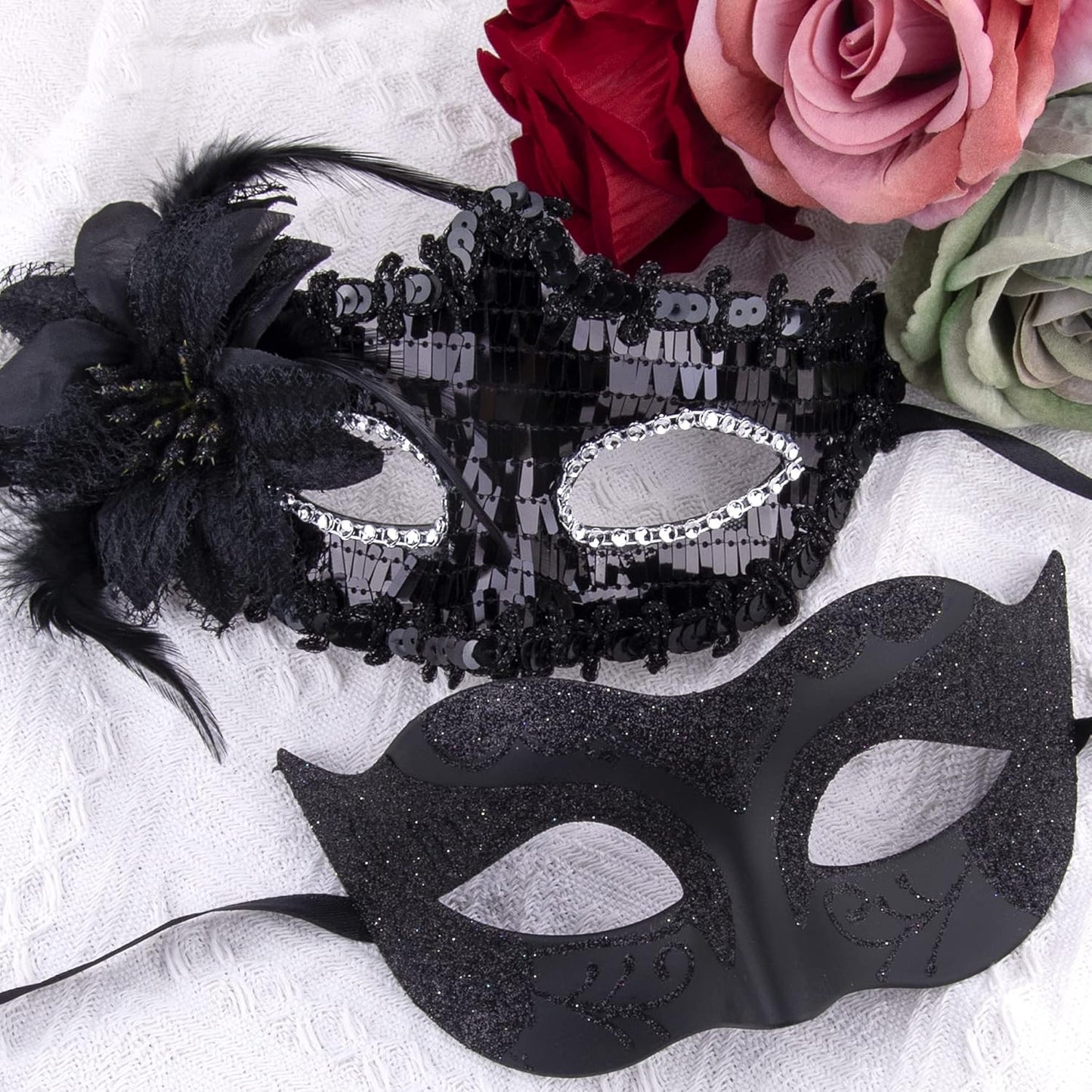 Couple Masquerade Masks Sequins Venetian Party Mask Plastic Costume Mask Rhinestone Mardi Gras Mask for Couples, Black