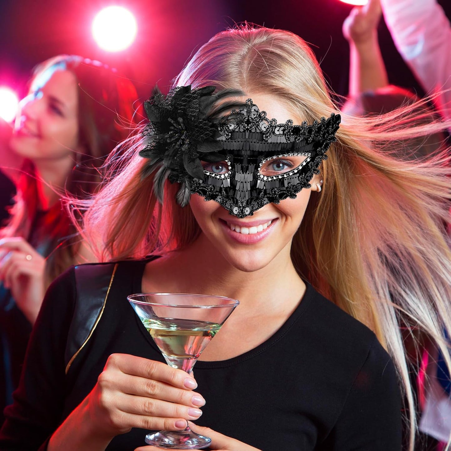 Couple Masquerade Masks Sequins Venetian Party Mask Plastic Costume Mask Rhinestone Mardi Gras Mask for Couples, Black