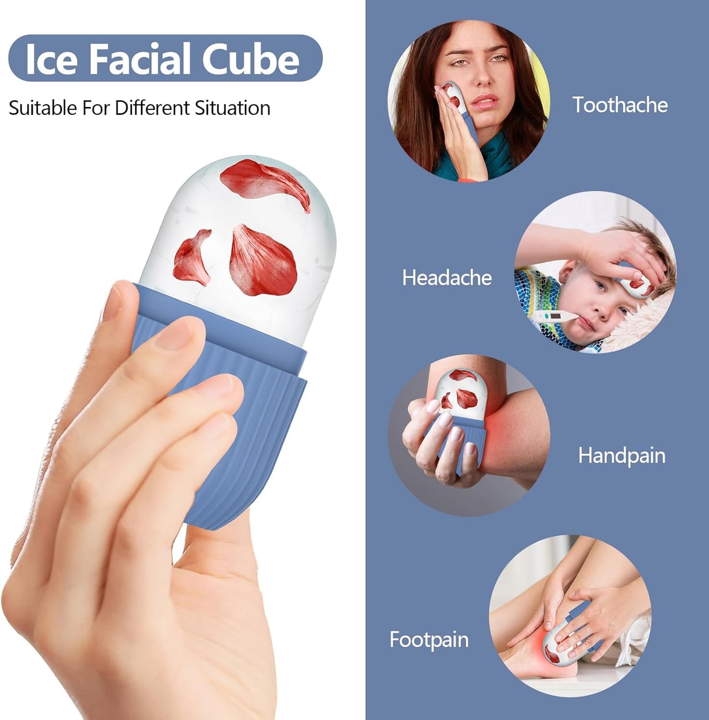 2pcs Ice Roller for Face and Eye, Silicone Ice Facial Roller Ice Holder, Face Ice Mold Skin Care, Face Icers Reusable Ice Cube Roller for Shrink Pores Anti Wrinkle Reduce Puffiness, Pink Blue