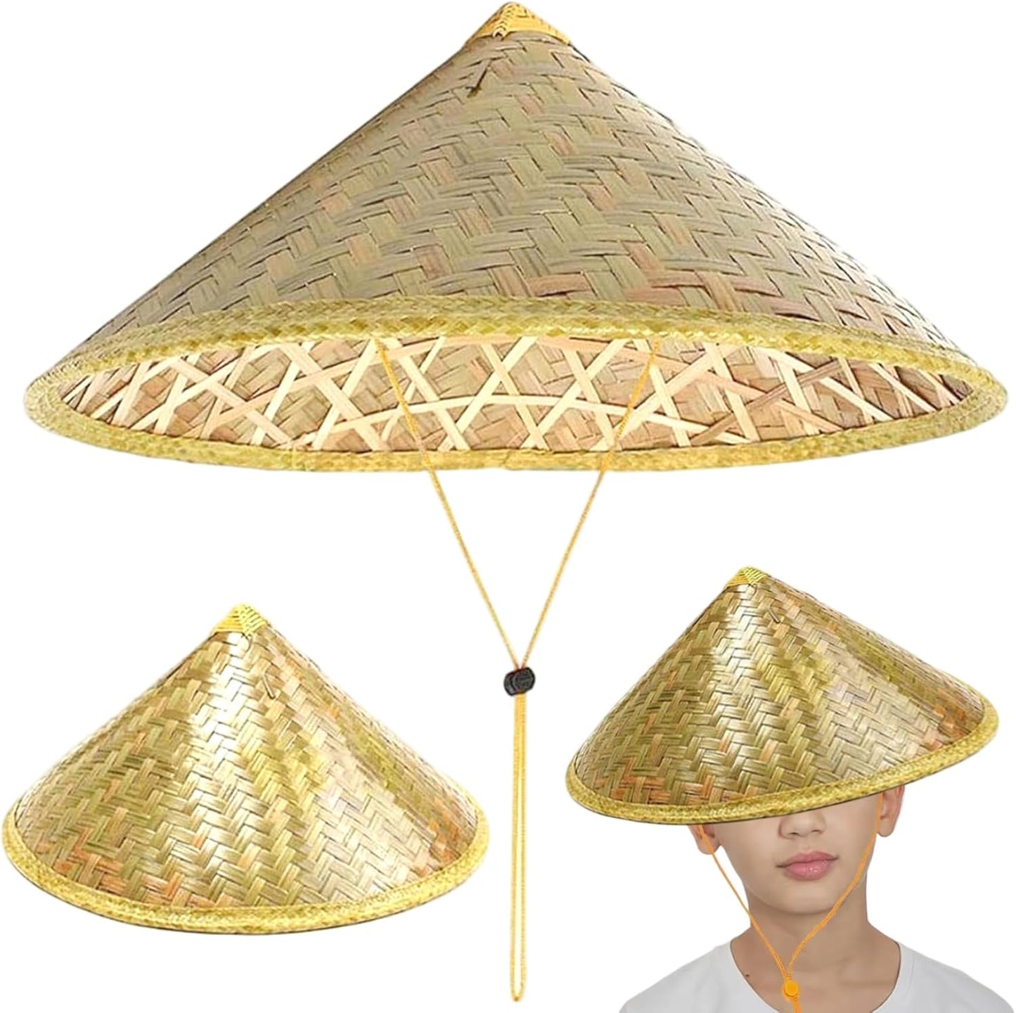 Retro Chinese Bamboo Rattan Fisherman Hat, Handmade Weave Bucket Hat, Rice with Adjustable Rope, 14 Inch Fishing Sunshade Cap for Farmer Fishing, Light Yellow