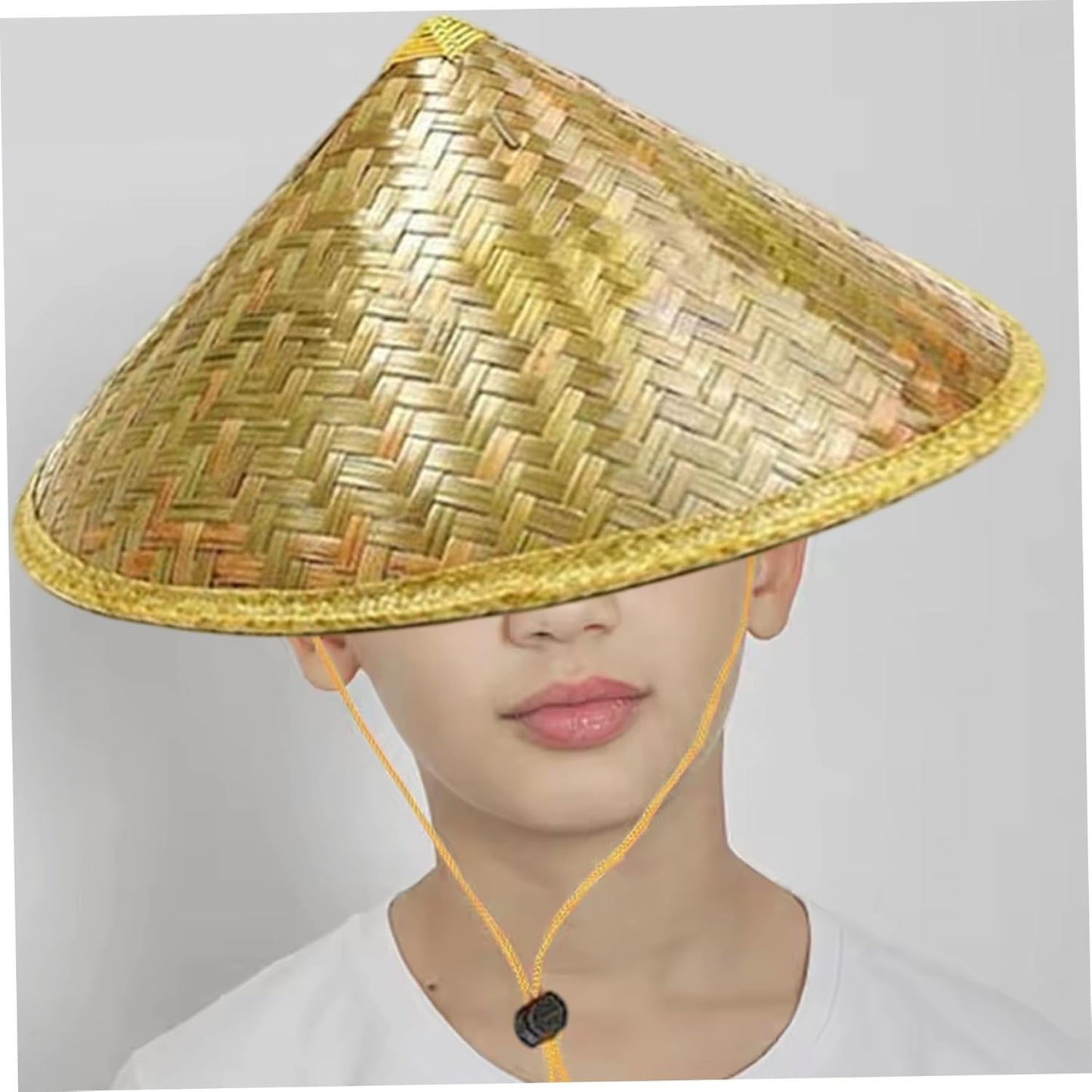 Retro Chinese Bamboo Rattan Fisherman Hat, Handmade Weave Bucket Hat, Rice with Adjustable Rope, 14 Inch Fishing Sunshade Cap for Farmer Fishing, Light Yellow