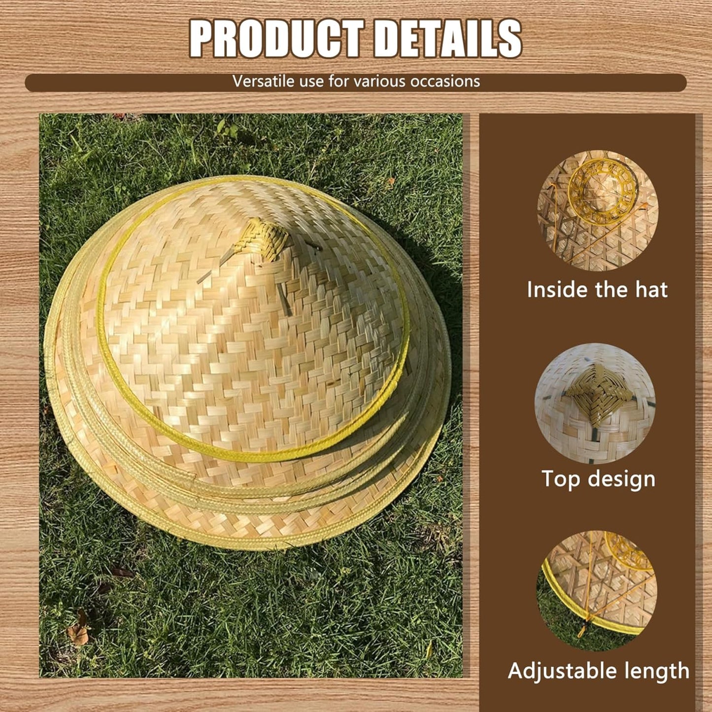 Retro Chinese Bamboo Rattan Fisherman Hat, Handmade Weave Bucket Hat, Rice with Adjustable Rope, 14 Inch Fishing Sunshade Cap for Farmer Fishing, Light Yellow