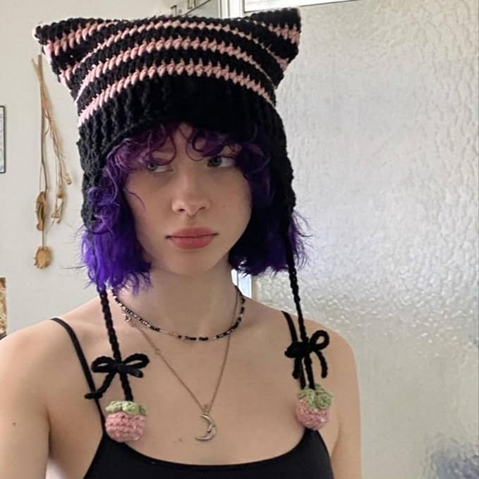 Cat Beanie Beanies Y2k Beanie Knit Hat Grunge Goth y2k Accessories Crochet Hats for Women