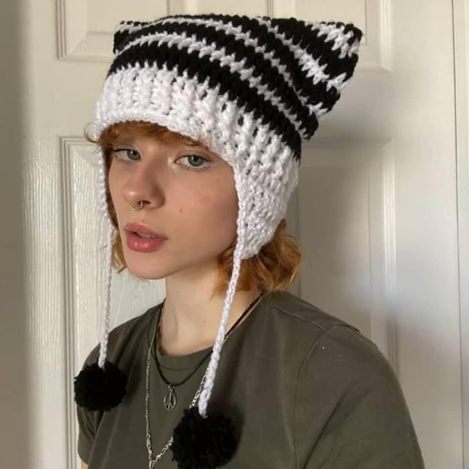 Cat Beanie Beanies Y2k Beanie Knit Hat Grunge Goth y2k Accessories Crochet Hats for Women