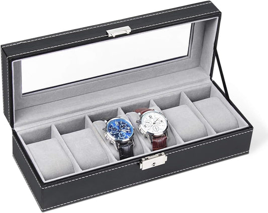 6-slot Leather Watch Box, Watch Box Organizer Glass jewelry Storage Black