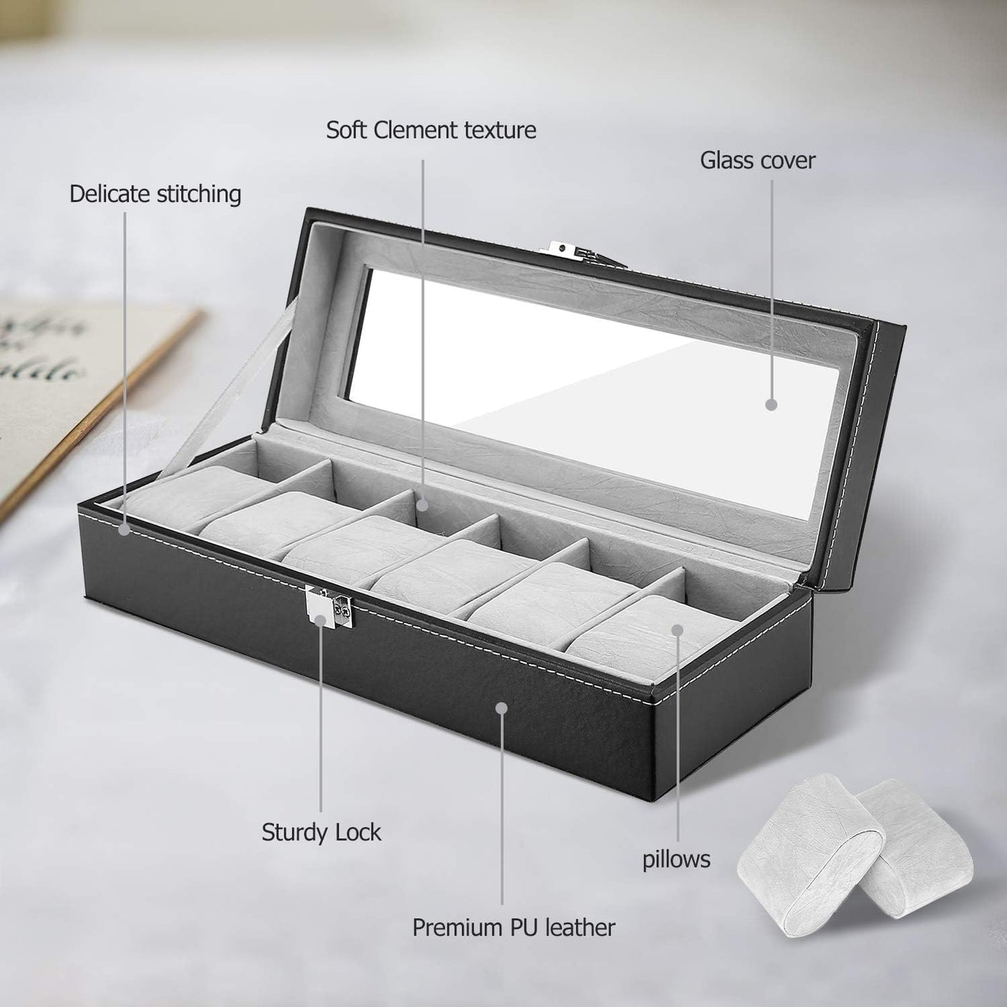 6-slot Leather Watch Box, Watch Box Organizer Glass jewelry Storage Black