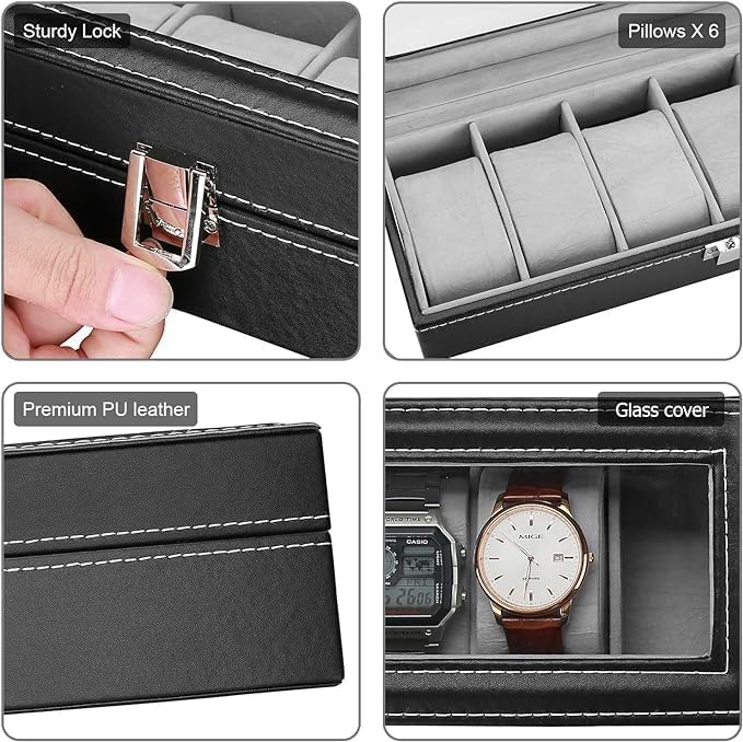 6-slot Leather Watch Box, Watch Box Organizer Glass jewelry Storage Black