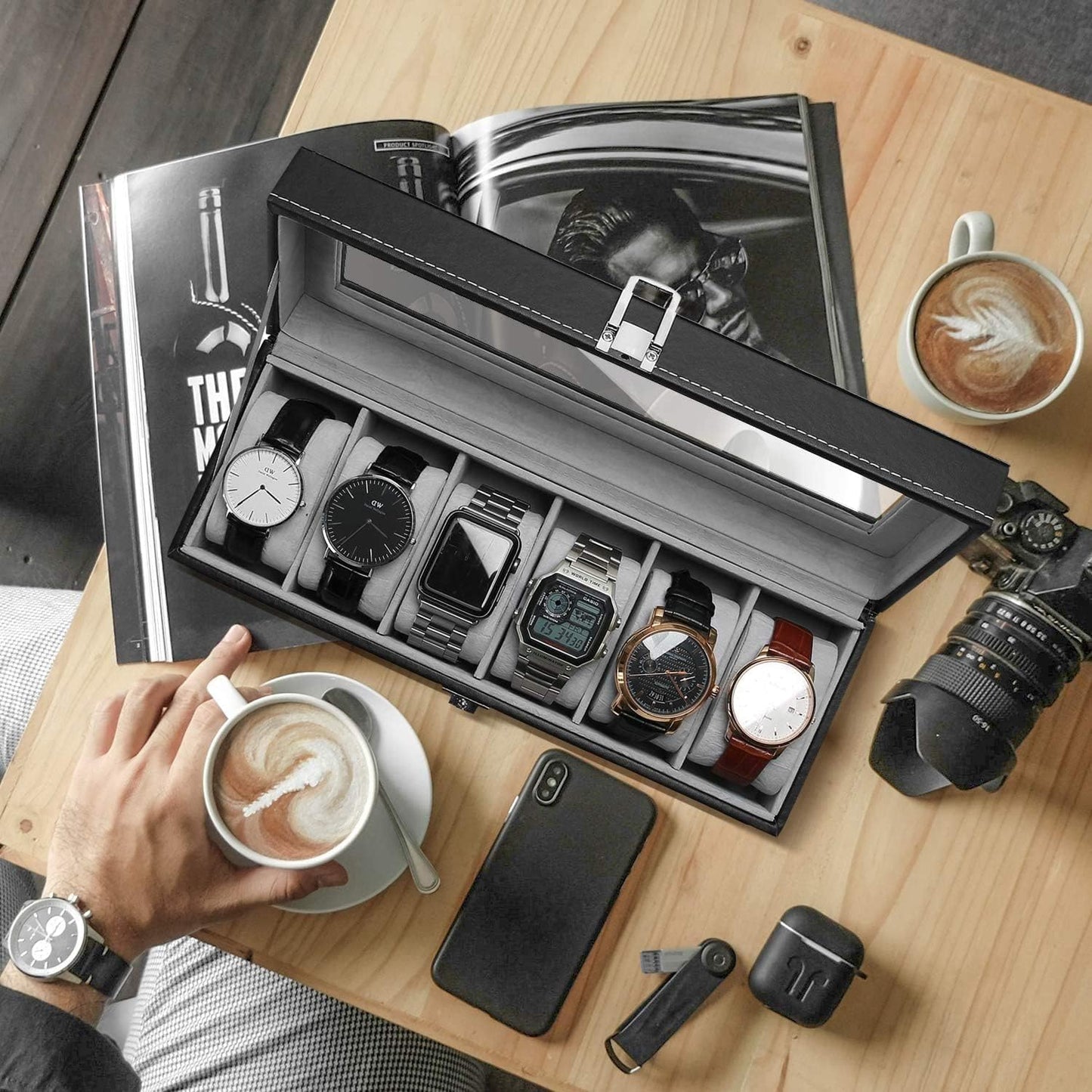 6-slot Leather Watch Box, Watch Box Organizer Glass jewelry Storage Black