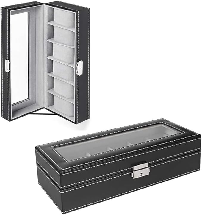 6-slot Leather Watch Box, Watch Box Organizer Glass jewelry Storage Black