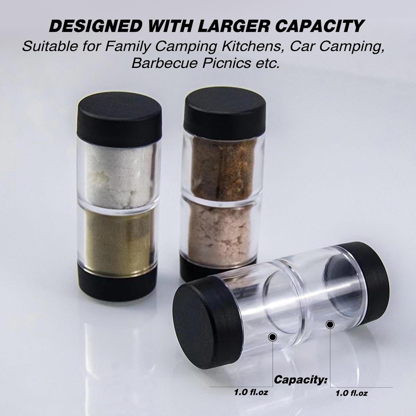 Salt and Pepper Shakers Moisture Proof Set, 2-in-1 Portable Spice Shaker with Airtight Lid, Perfect for Camping Kitchen, Travel, Car Camping, RV, Outdoors, Backpack, BBQ Picnic, Lunch Boxes