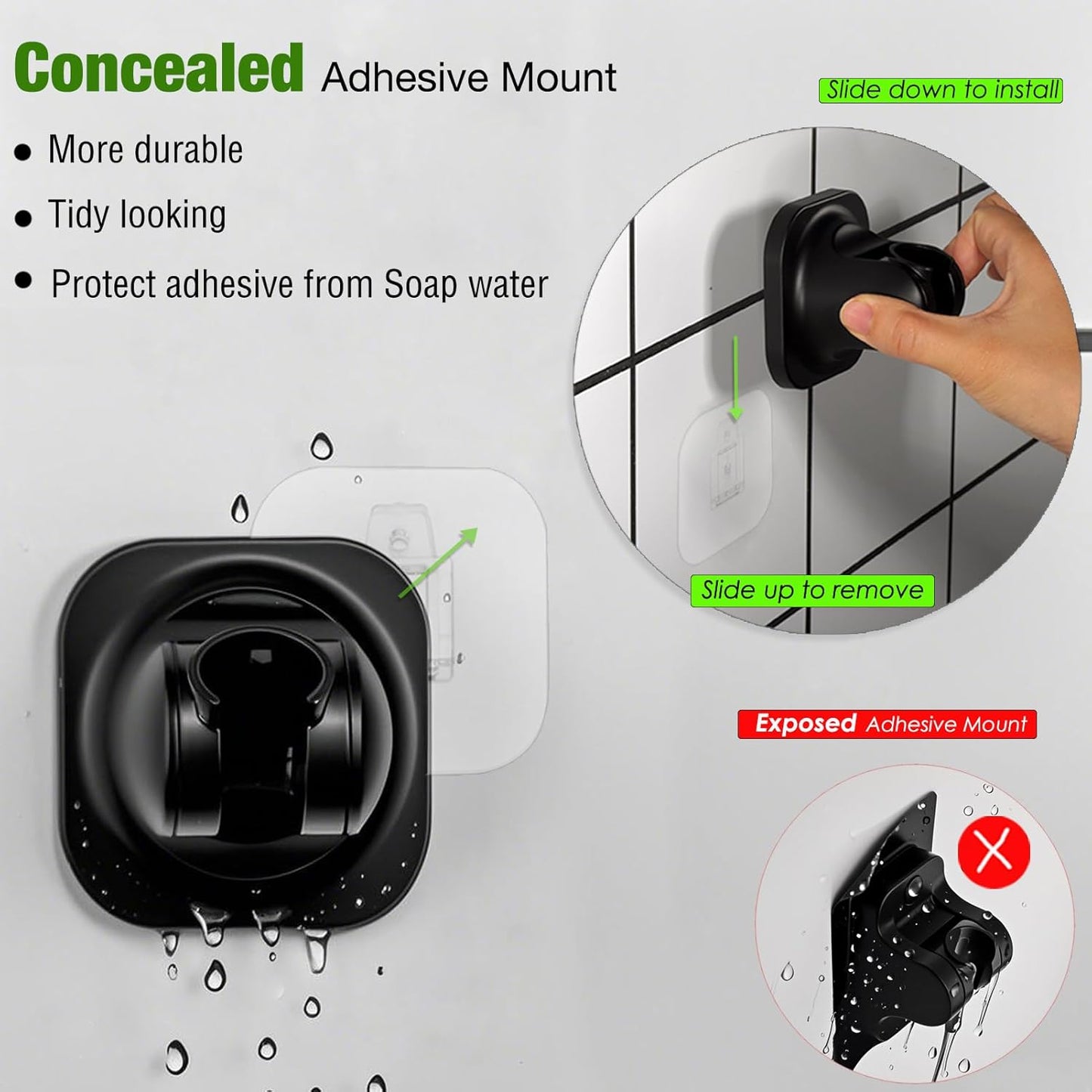 Hand held Shower Head Holder-4 Degree Adjustable-Adhesive Base Install in a Breeze with Screw Alternative to Fit All Surfaces. RV Camper Shower Wand Holder. (Matte Black)