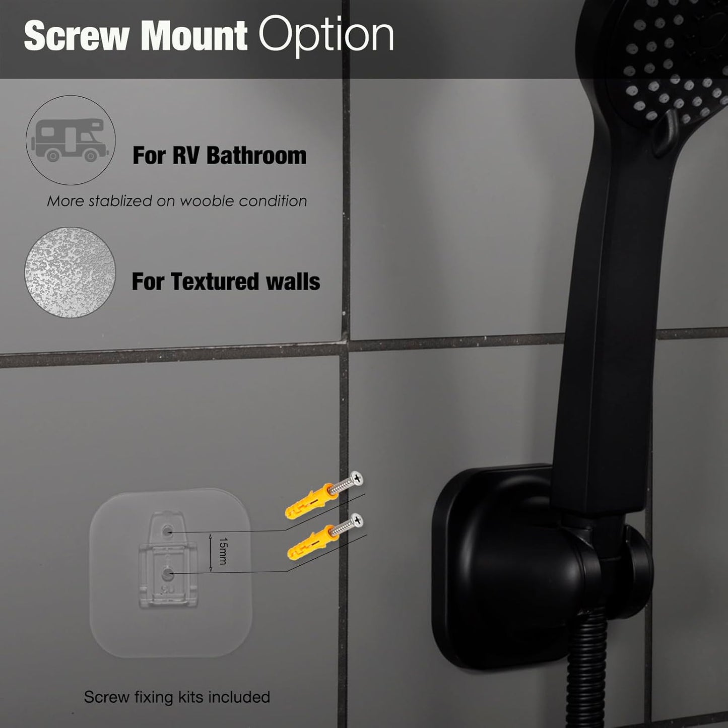 Hand held Shower Head Holder-4 Degree Adjustable-Adhesive Base Install in a Breeze with Screw Alternative to Fit All Surfaces. RV Camper Shower Wand Holder. (Matte Black)