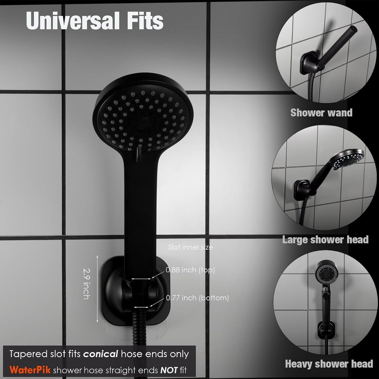 Hand held Shower Head Holder-4 Degree Adjustable-Adhesive Base Install in a Breeze with Screw Alternative to Fit All Surfaces. RV Camper Shower Wand Holder. (Matte Black)