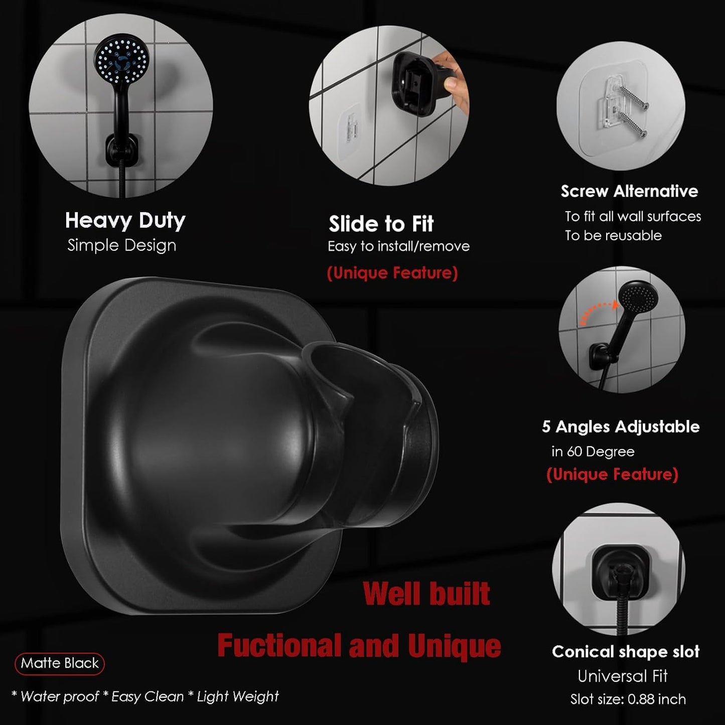 Hand held Shower Head Holder-4 Degree Adjustable-Adhesive Base Install in a Breeze with Screw Alternative to Fit All Surfaces. RV Camper Shower Wand Holder. (Matte Black)