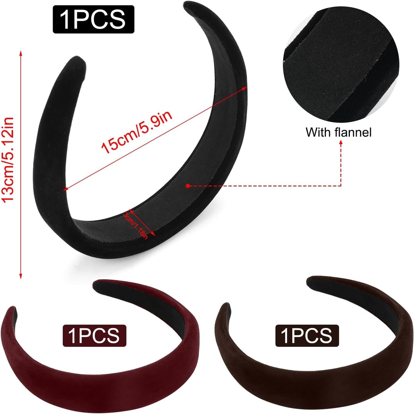 Thick Velvet Headband, 3Pcs Velvet Headbands for Women, 90s Hair Accessories Wide Padded Headbands, Solid Velvet Bezel Headband Fashion Elastic Head Bands for Women's Hair, Girls Velvet Headband