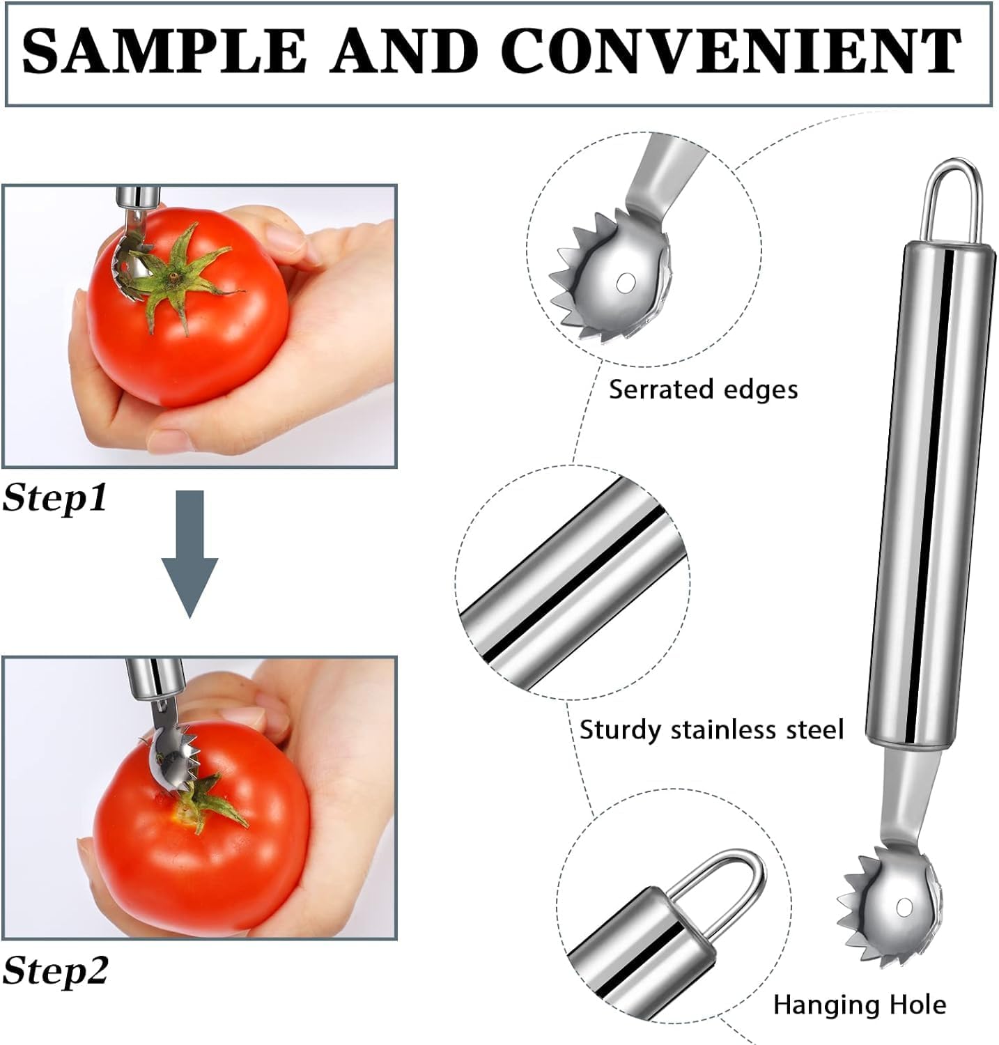 2 Pcs Stainless Steel Strawberry Huller and Tomato Stem Corer Tool, Tomato Stem Corer Tool,Stainless Steel Strawberry Huller Corer Vegetable and Corer Practical Kitchen Tool Fruit (2)