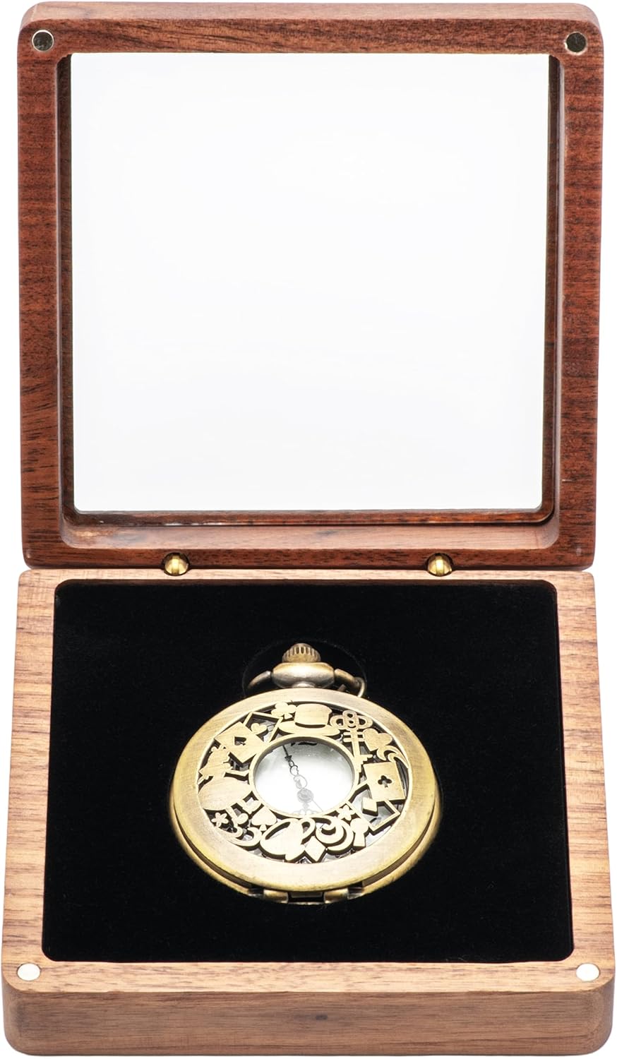 Walnut Wood Pocket Watch Gift Box with Clear Acrylic Lid Portable Single Pocket Watch Display Storage Travel Case Organizer for Men Women (Black Inner)