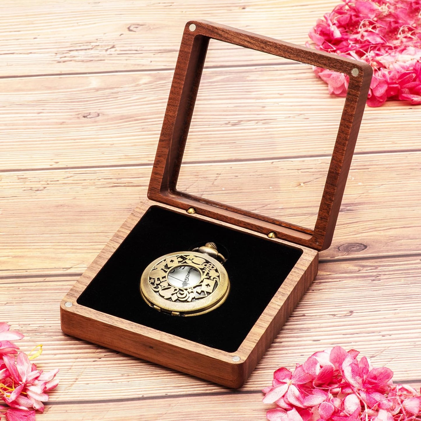 Walnut Wood Pocket Watch Gift Box with Clear Acrylic Lid Portable Single Pocket Watch Display Storage Travel Case Organizer for Men Women (Black Inner)