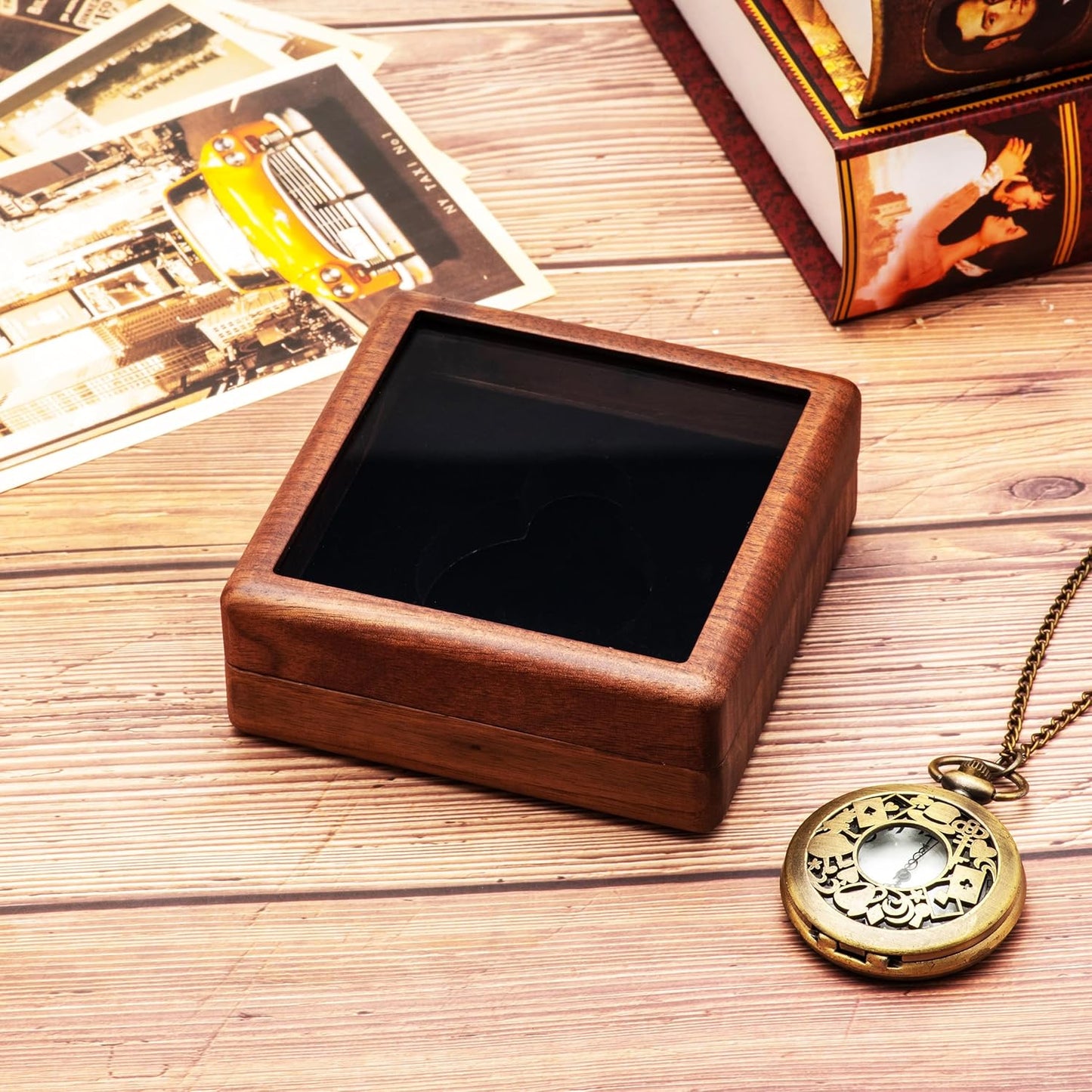 Walnut Wood Pocket Watch Gift Box with Clear Acrylic Lid Portable Single Pocket Watch Display Storage Travel Case Organizer for Men Women (Black Inner)